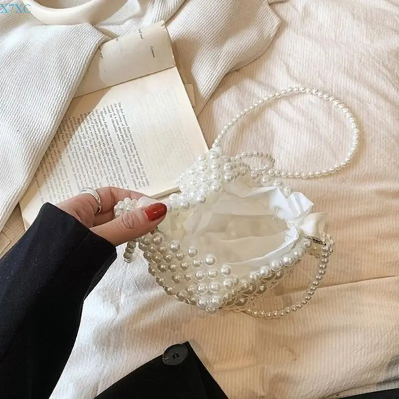 

X7XC Functional Artificial Pearl Shoulder Bag Bowknot Beaded Crossbody Bags for Women