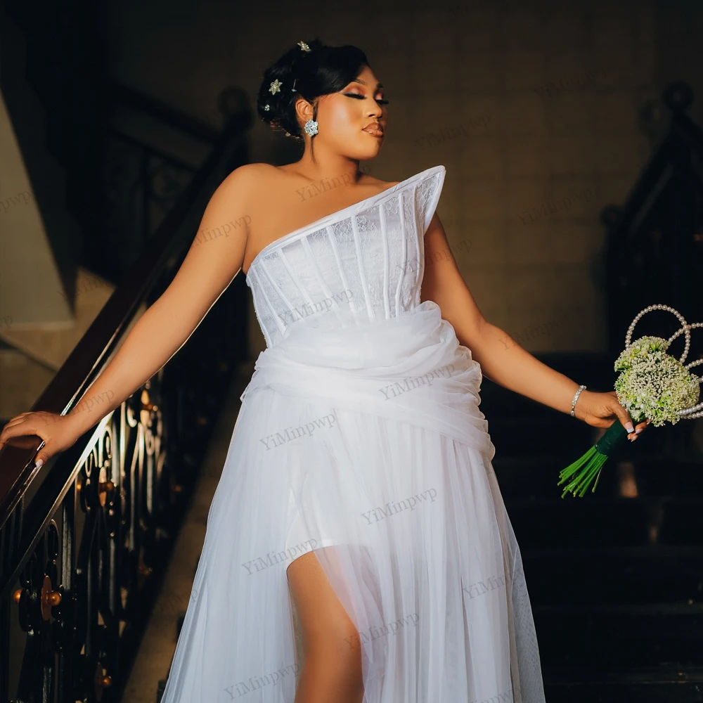 Africa Wedding Dresses Bride Robe Strapless Side Split Tulle Corset Nigeria Bridal Shower Dress Morning Changing Robe Customized