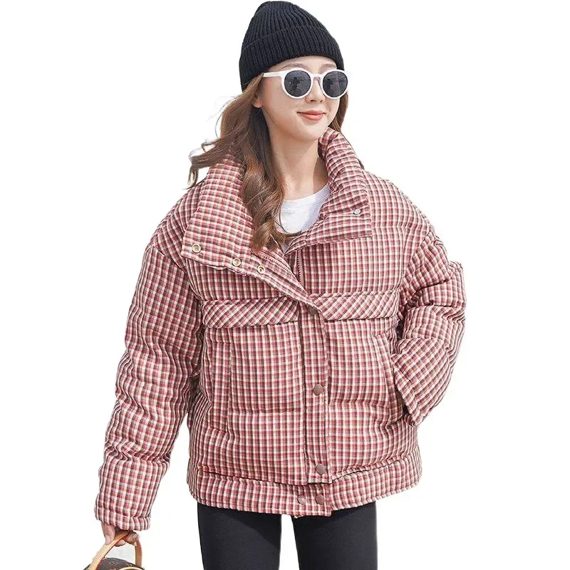 Winter New Thickened Plaid Down Jacket Women's Short Bread Coat White Duck Down Warm Coat