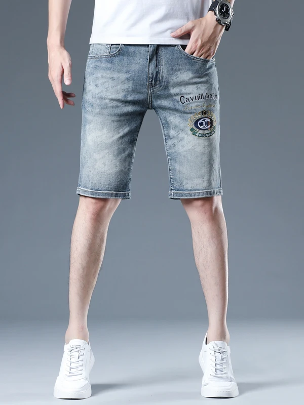 

Элитные мужские рваные джинсовые шорты с вышивкой, летние, тонкие, длиной до колена, повседневные, в стиле ретро, универсальные, со средней посадкой, из хлопка со стрейчем