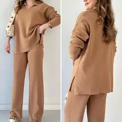 Lady Loose Outfit Cozy Knitted Women's Pajama Set with V Neck Top Wide Leg Trousers for Fall Winter Loungewear 2 Piece Casual