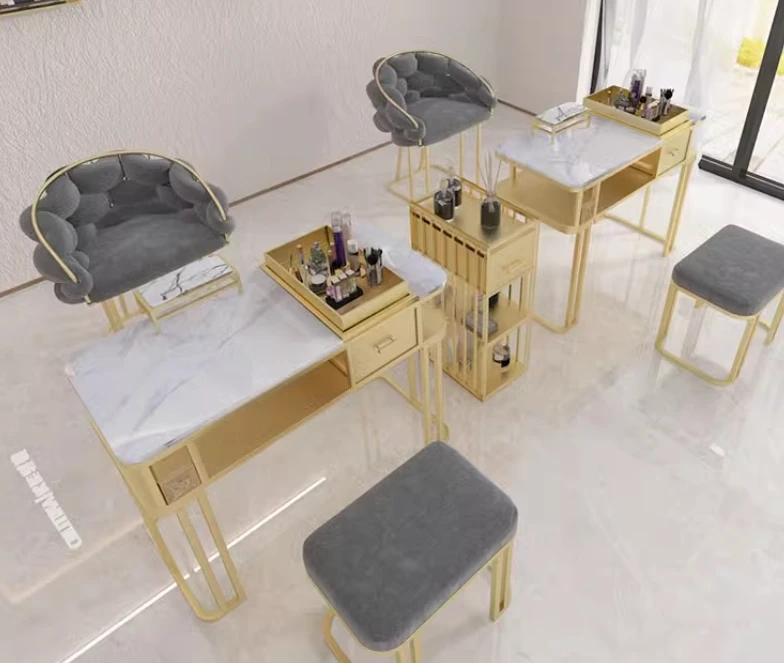 

High Quality Salon Equipment Furniture Gold Salon Nail Tables Luxury Single Double Three Manicure Table
