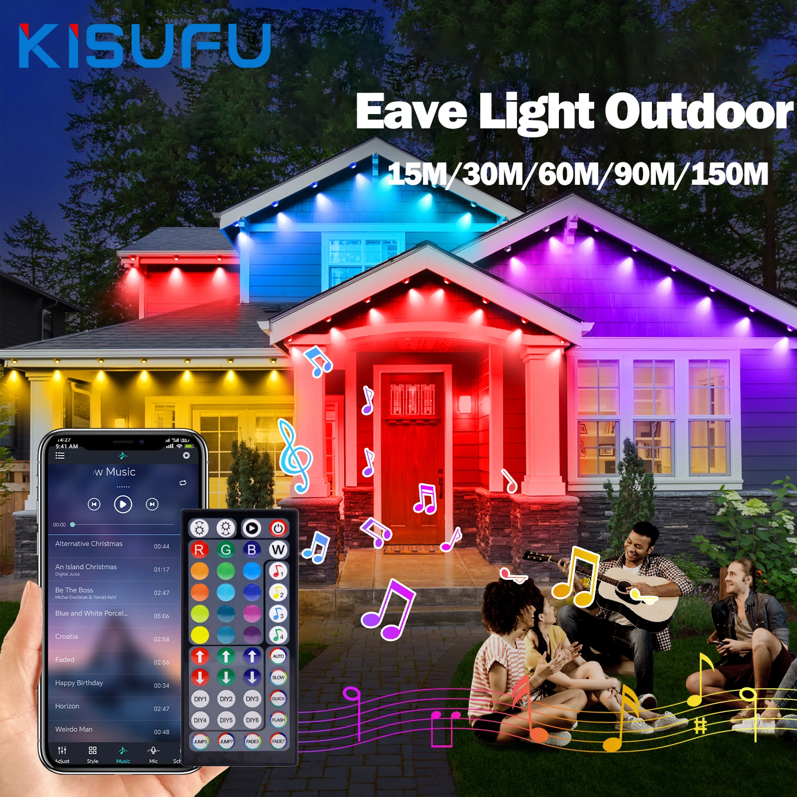 15M 30M 90M 150M RGB Eaves LED Lights Smart Bluetooth APP Permanent Outdoor Waterproof Music Sync LED String Party Wedding Light