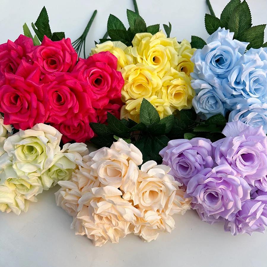 10pcs 9 Roses Bouquet Artificial Silk Roses 9 Artificial Flowers Furniture Gardening Set Decoration