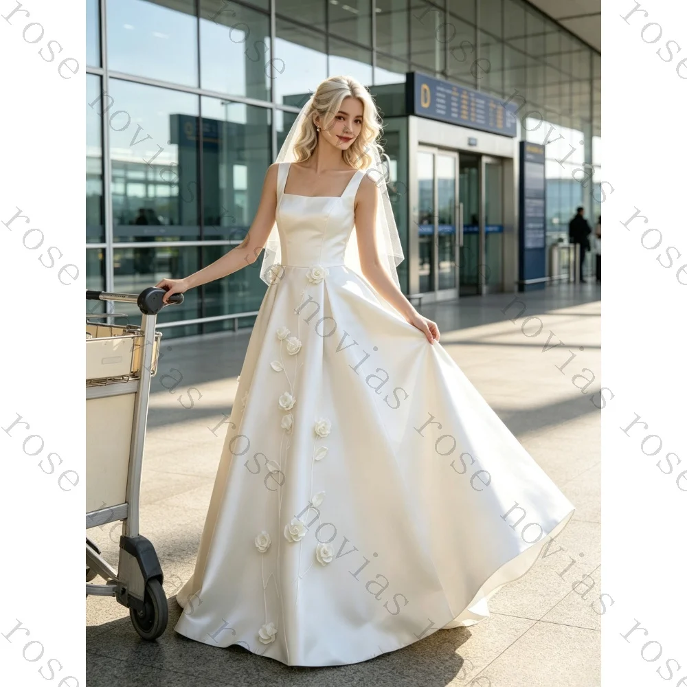Customized 2026 Square Collar Waist Cinched Satin Wedding Dress 2026 Decals Sleeveless Ruffled Bridal Gown Suitable for Parties