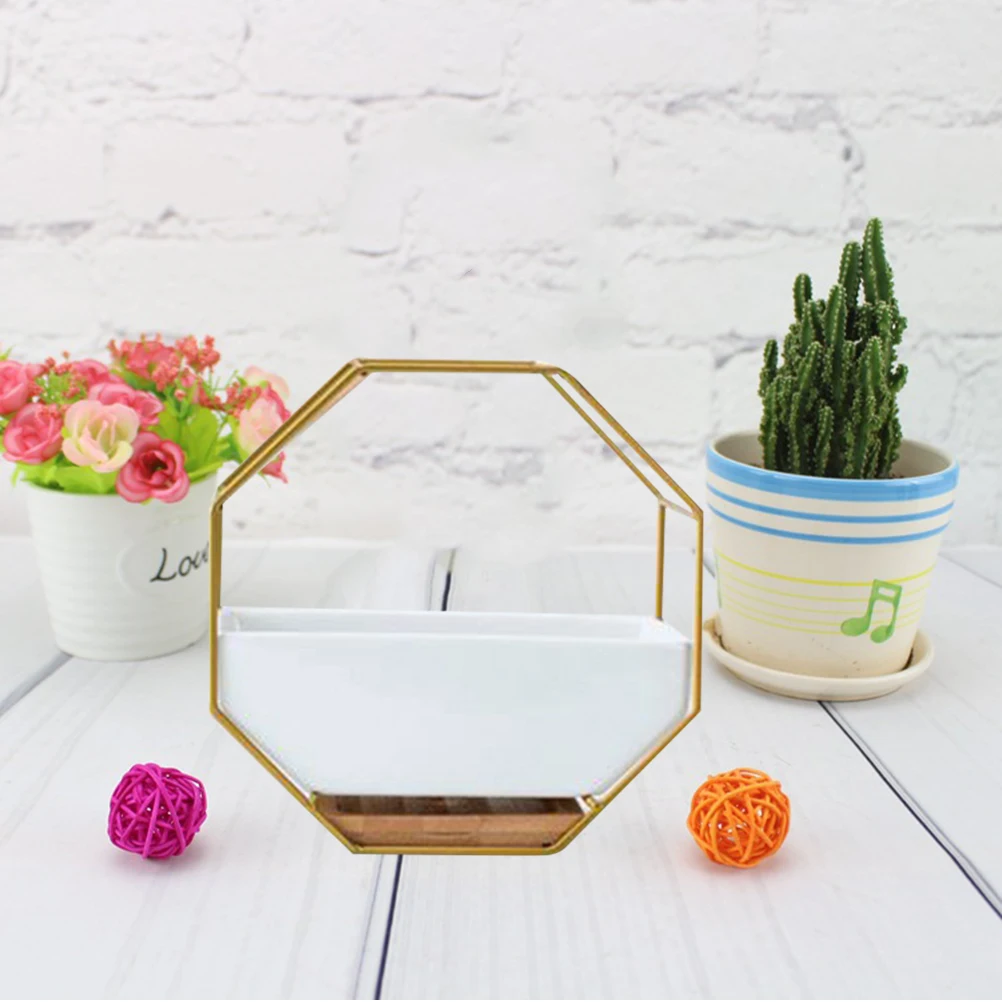 

2pcs Wall Hanging Flower Pot Set White Ceramic Octagonal Geometric Planter Gold Iron Frame Bamboo Tray Storage Rack For Cacti