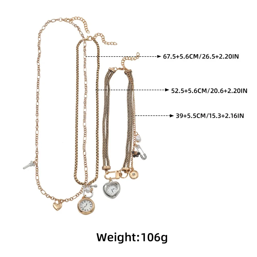 Vintage Multilayer Necklace Set Pocket Watch Heart Charms Chains Y2K Retro Jewelry for Women Party Accessory Birthday Gift