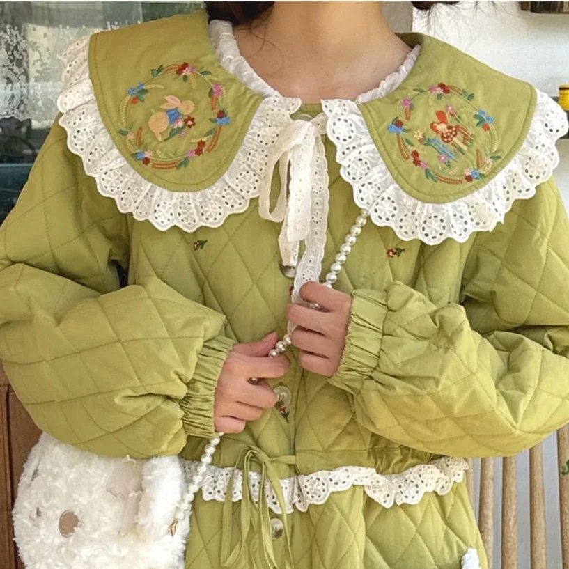 Women Lace Embroidery Sweet Cottagecore Cotton Liner Winter Long Quilted Green Coat Vintage Kawaii Lolita Retro Chic Korean Coat