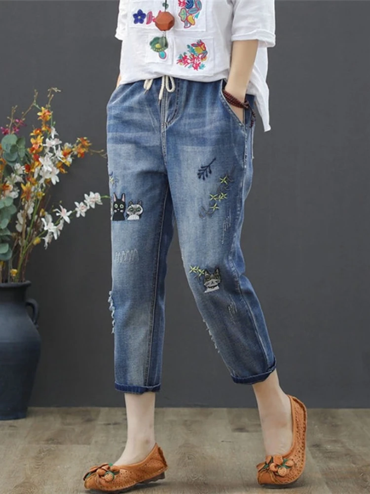 y2k Elastic Waist Embroidery Lace Up Ankle-Length Pants Summer Casual Pencil Jeans Spring Korean Fashion New Vintage Clothes