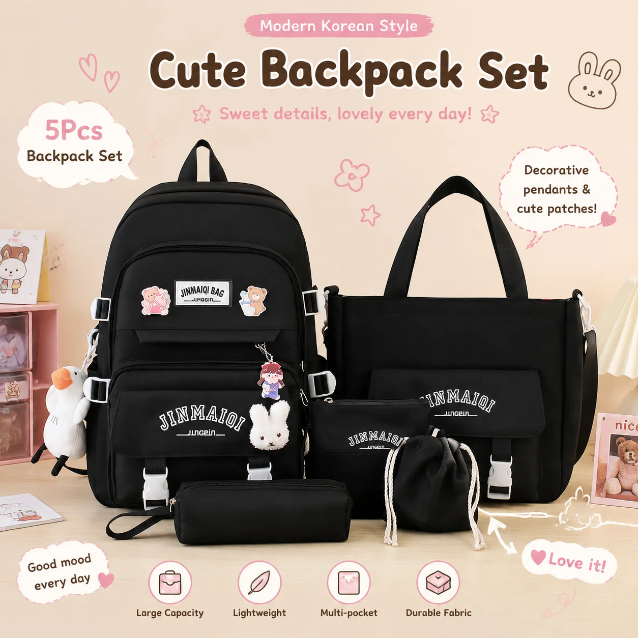 5pcs-solid-color-backpack-set-style-korean-version-casual-harajuku-student-backpack-includes-duck-bunny-keychain-for-teenager