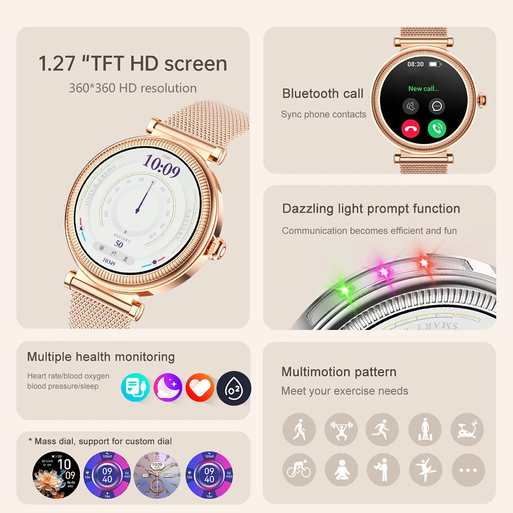 Smartwatch impermeável para mulheres, 1.27 ", chamada de dente azul, freqüência cardíaca, saúde, esportes, luz colorida, música, assistente de voz, senhora