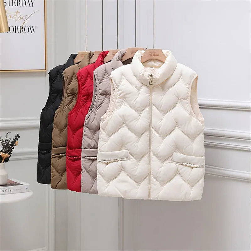 

Casual Down Cotton Vest Women 2026 New Autumn Winter Fashion Stand Collar Sleeveless Jacket Fashion Loose Warm Waistcoat T1670