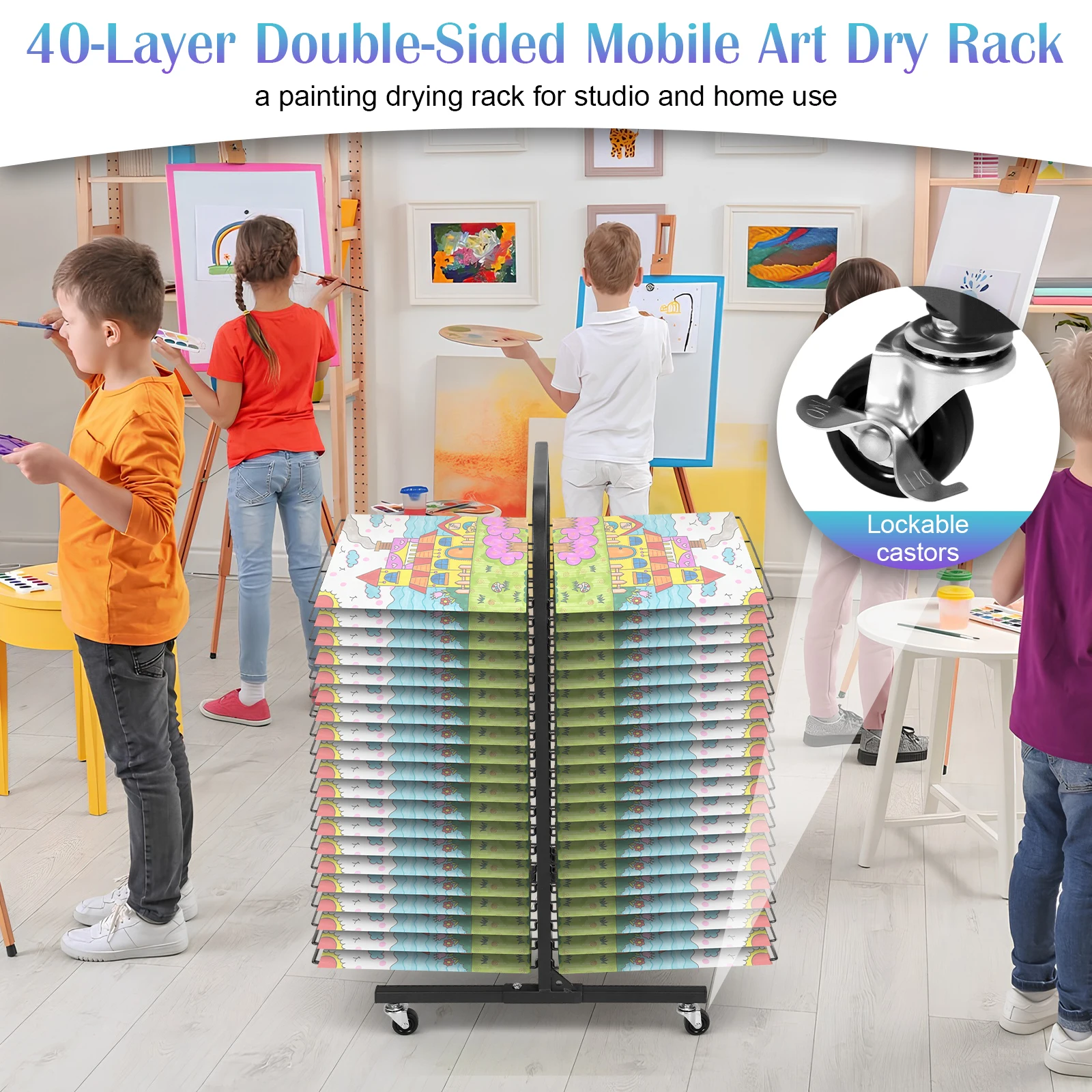 

Art Drying Rack with 40 Removable Shelves Art Rack Cart 17.7x25inch with 4 Caster Wheels Mobile Metal Paint Drying Stand