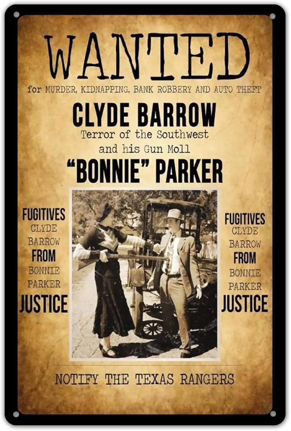 Ylens Wanted Bonnie ; Clyde Motiv 2 Panneau personnalisé en métal - Décoration pour bar, café, restaurant, maison - aluminium