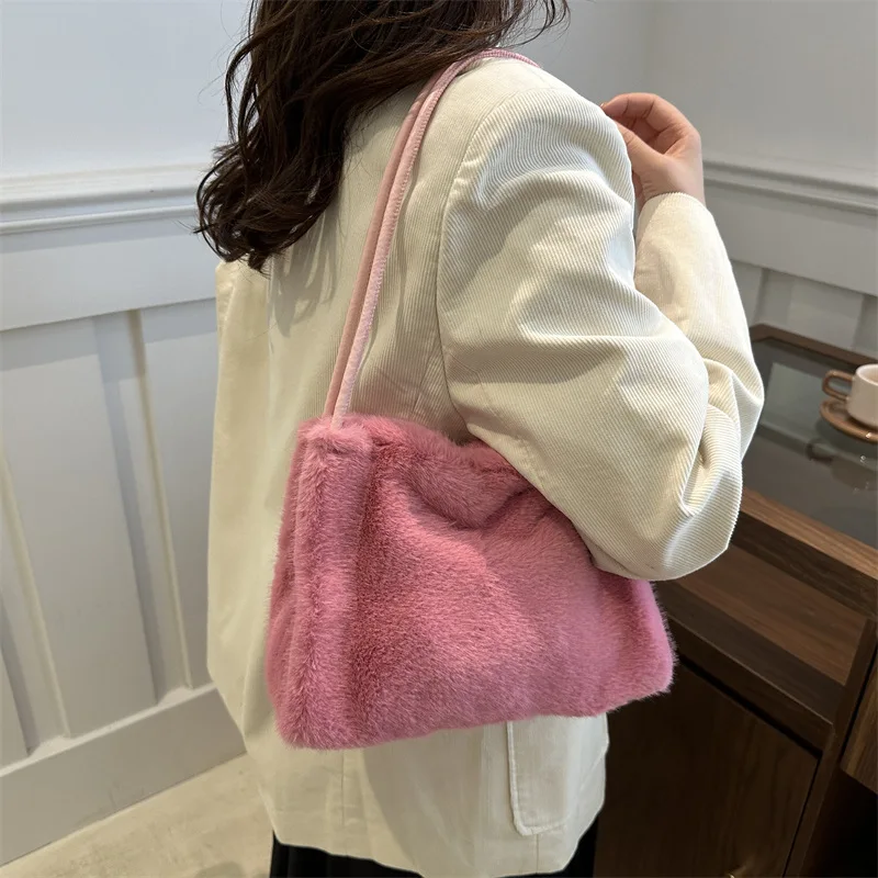 Fashion Simple Soft Plush Women's Shoulder Bags Large Capacity Commuter Ladies Underarm Bag Winter Candy Color Female Book Tote