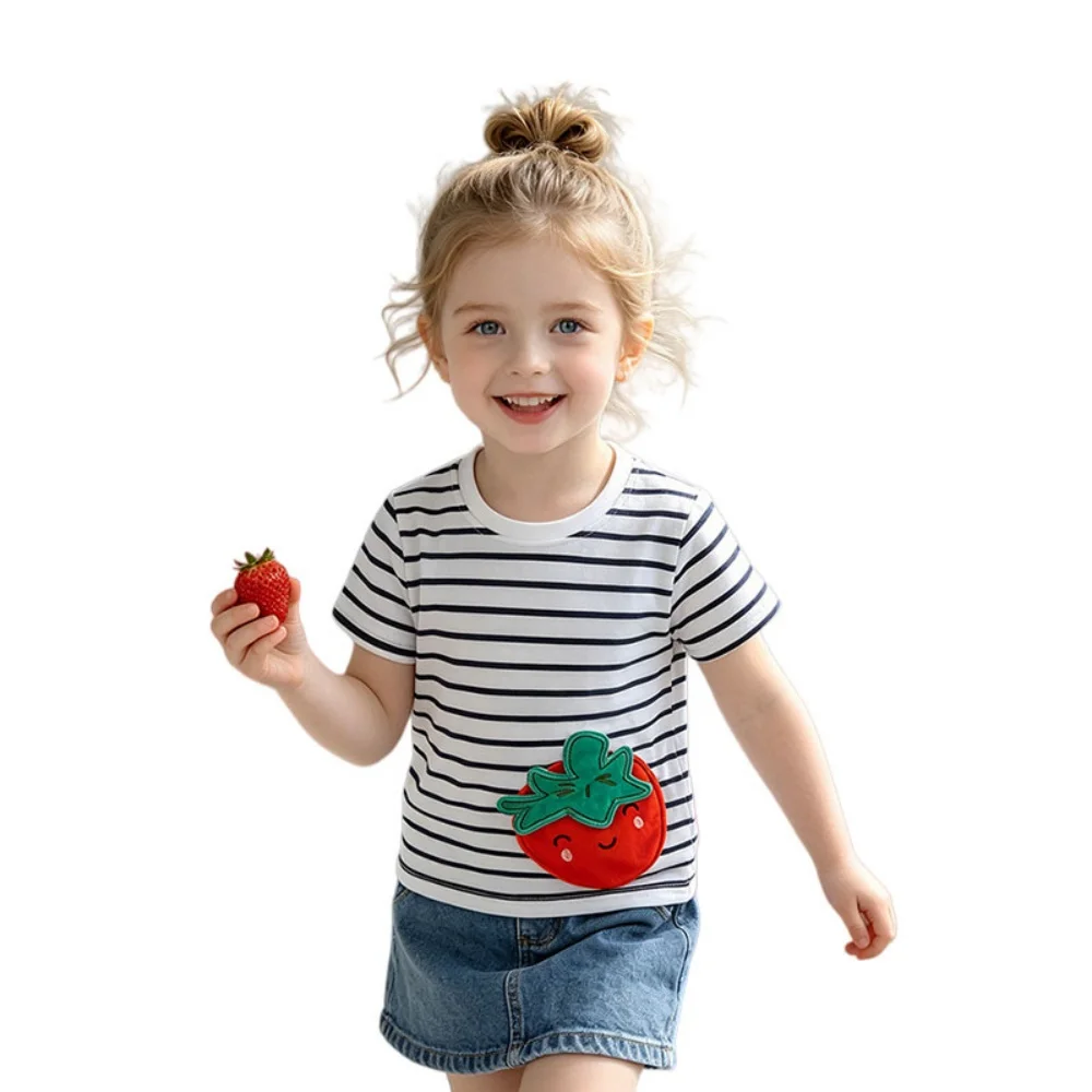 Jumping Meters Striped Girls Summer Strawberry Bag Embroidery T-Shirts 3-8T Short Sleeve Kids Baby Shirts Children's Tees Tops