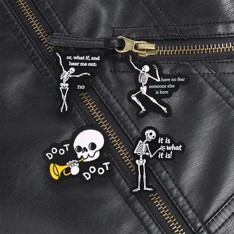 Or What If And Hear Me Out No Skeleton Enamel Pin, Funny Black White Cartoon Brooch For Meme Lovers And Halloween Style