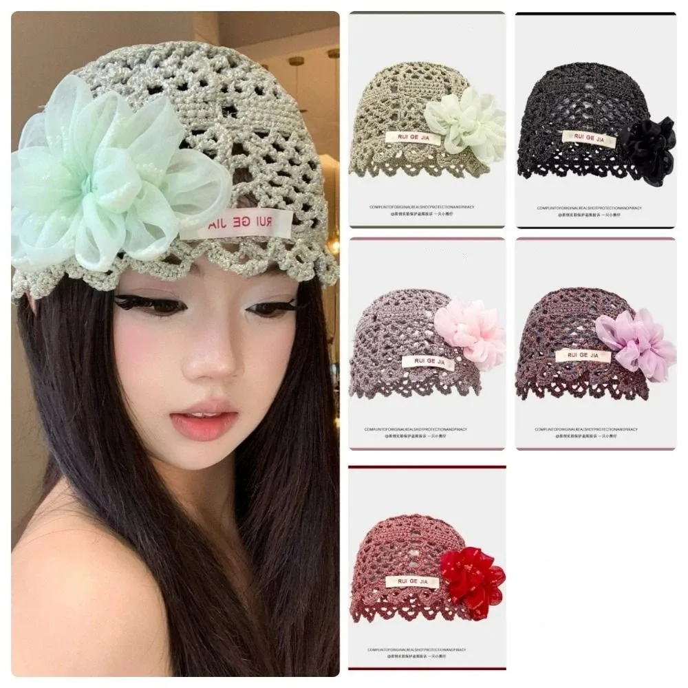 

Elegant Breathable Hollow Pullover Hats 3D Flower Hollow Out Knitted Hat Beanies Cap Summer