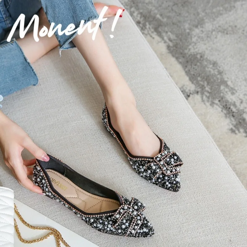 

New Women's Shoes Exquisite Imitation Pearl Bow Casual Shoes for Woman French Pointed Tip Flat Shoe Designer Shoes Zapatos Mujer