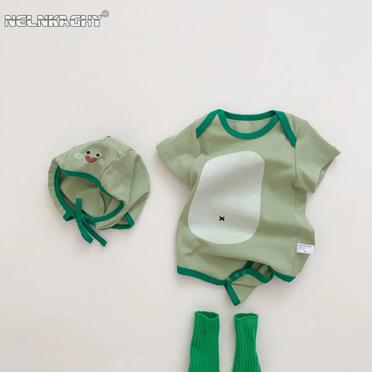 Baby Dinosaur Bodysuit+hat Ins Newborn Summer Short Sleeve Wrap Fart Outfits Korean Creeper Set Kids Boys Clothing  2pcs