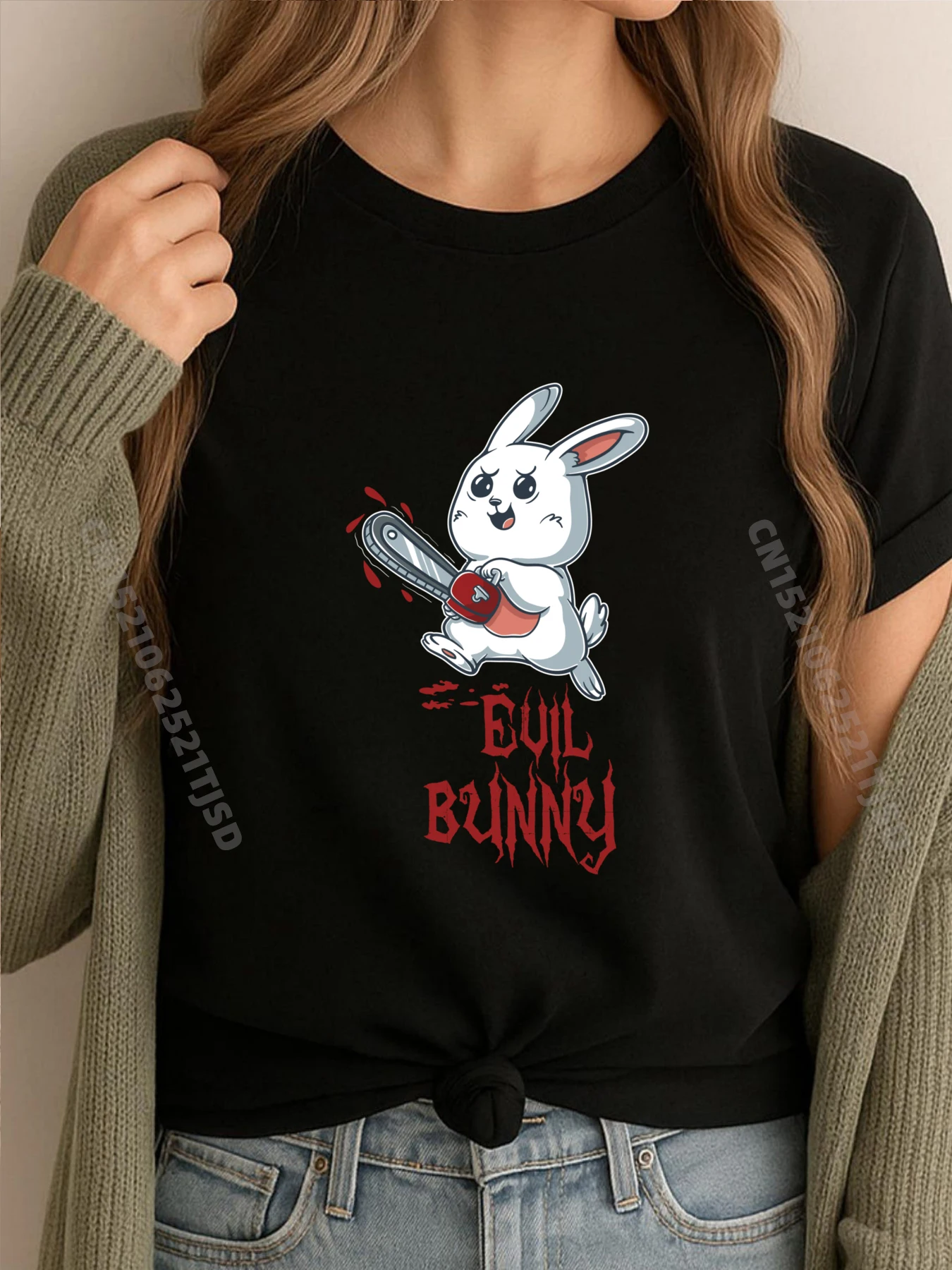 

Злой кролик Kawaii Пасхальный кролик с бензопилой Хэллоуин Мужская одежда 2025Мужская футболка с коротким рукавом