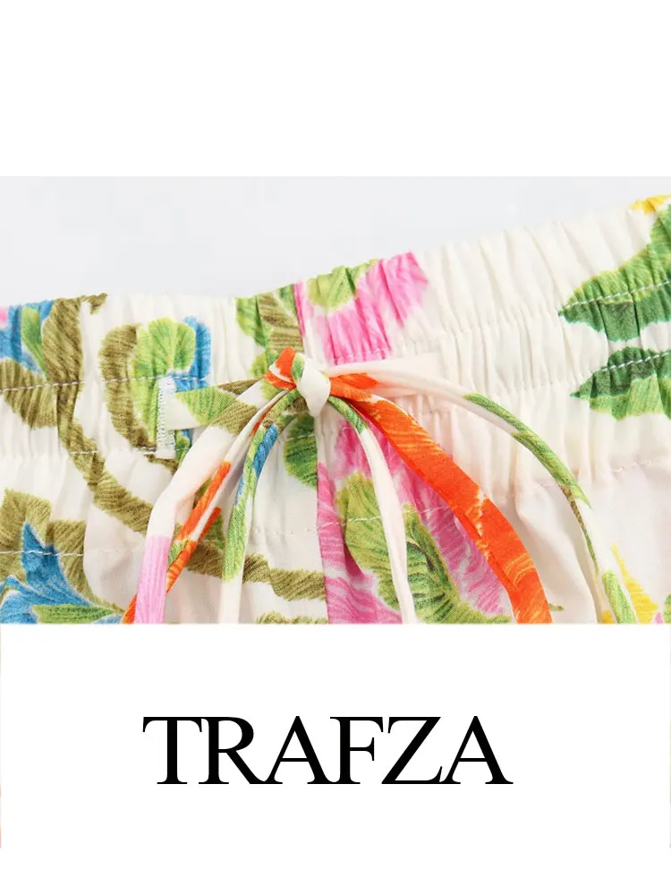 TRAFZA Summer women\'s Street pantaloni larghi con lacci e lacci Set da 2 pezzi camicia monopetto stampata Casual da donna per la spiaggia