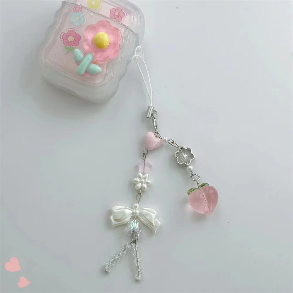 Pink Kawaii Y2K Peach Phone Charms Pendant Cute Bowknot Bead Handmade Sweet Girl Keychain For IPhone Camera New Chain Love Heart