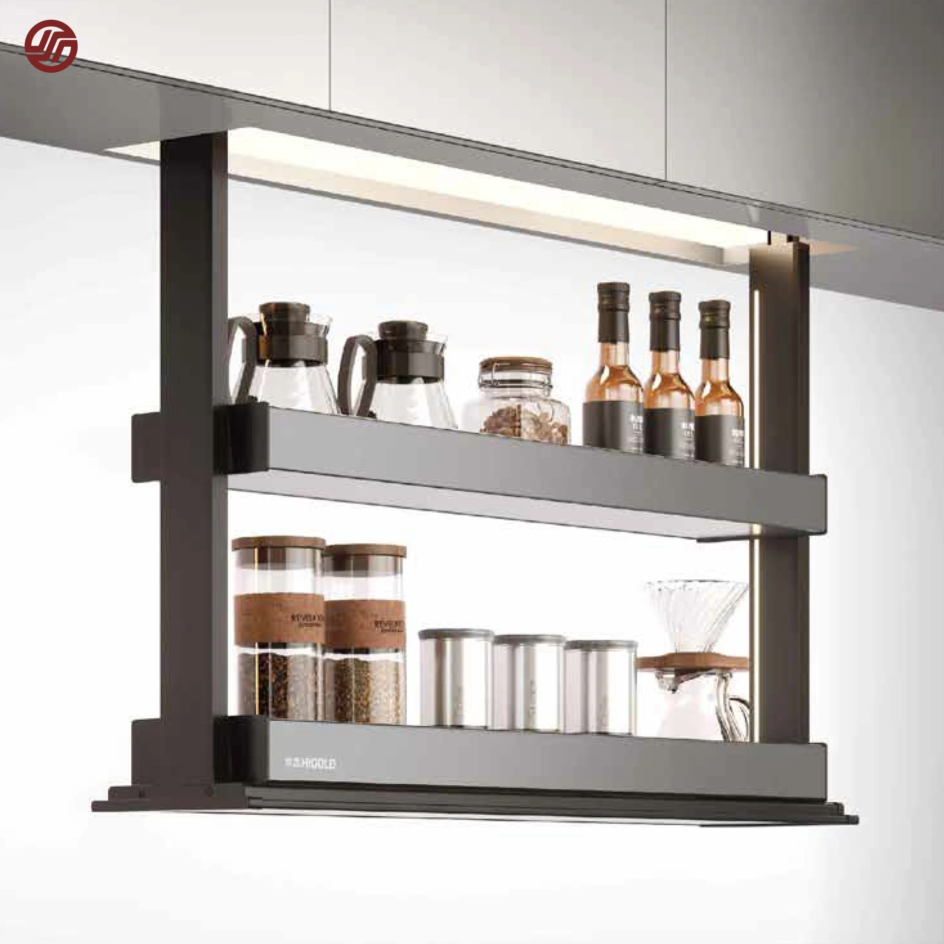 GINO Wholesaler Electric Kitchen Cabinet Design Customized Smart Lift Kitchen Storage 3 Layers Automatic Lift Basket Cabinet