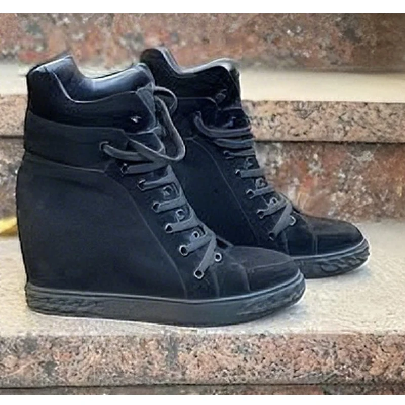

Black Suede Internal Height Increase Wedge Sport Boots Lace Up Hidden Heel Platform Sneakers Fashion Elevator Booties for Women