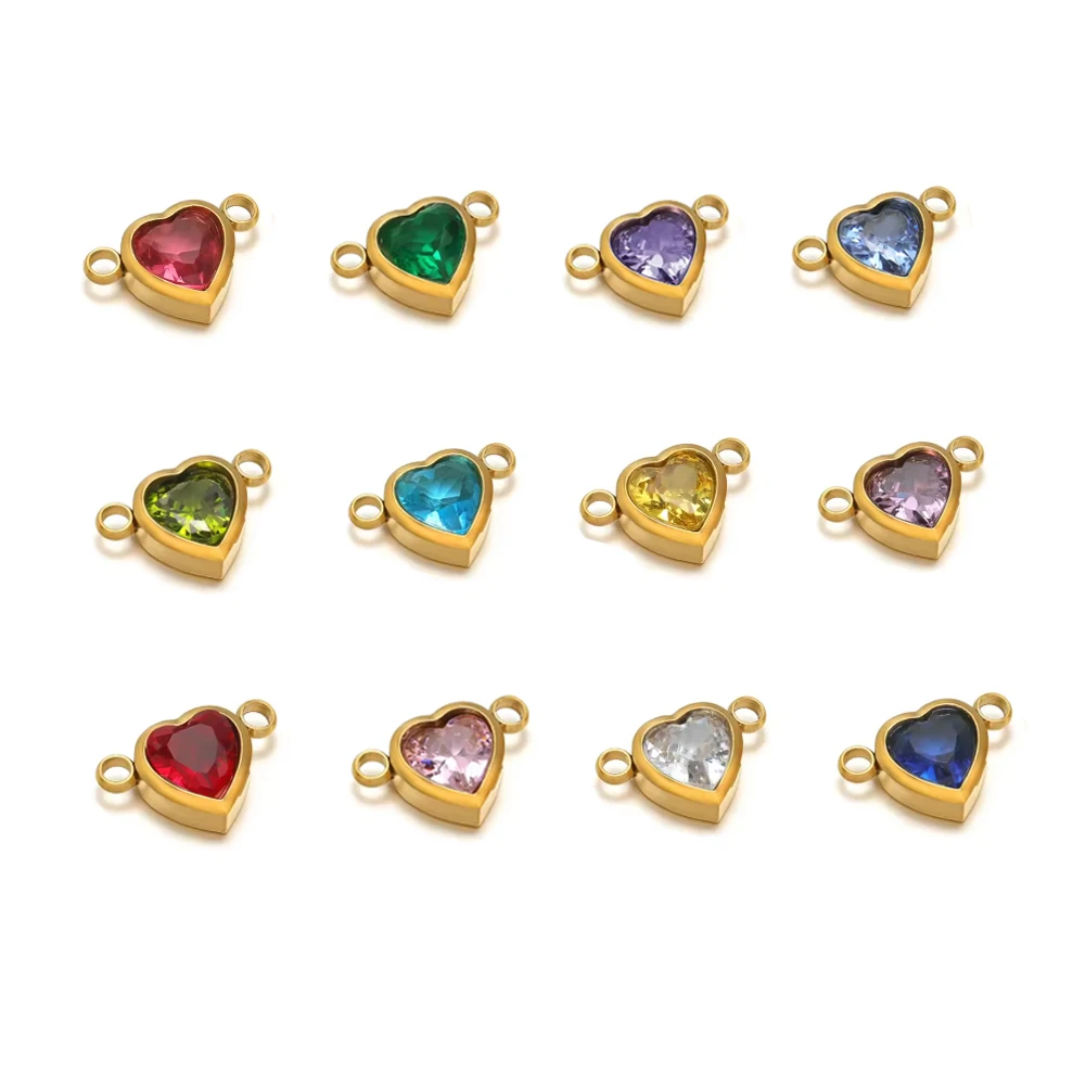 4pcs/lot Birthstone Stainless Steel Two Holes Connector heart Zircon Charm for DIY Necklace Bracelet Jewelry Making