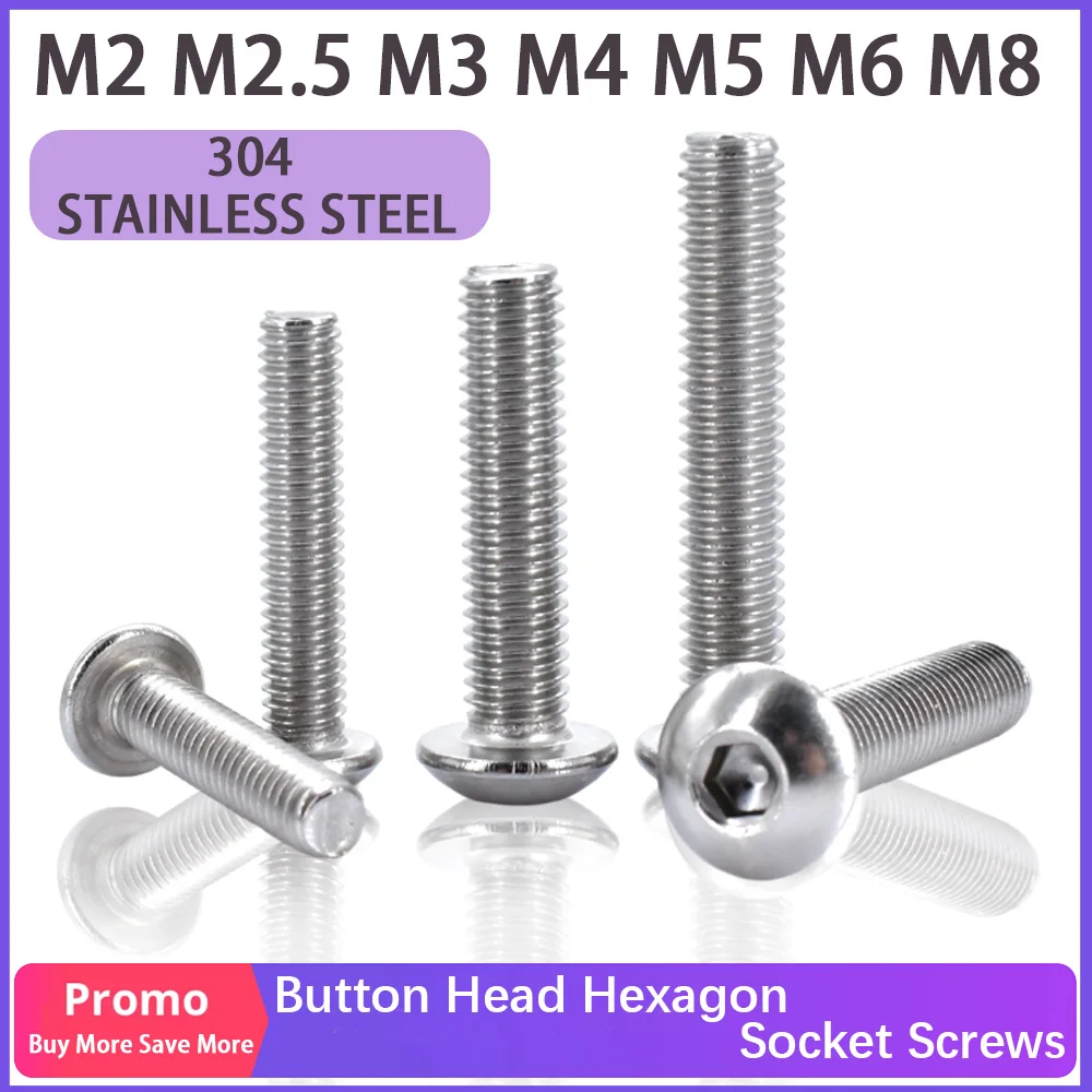 M2 M2.5 M3 M4 M5 M6 M8 304 Stainless Steel Knob Hexagon Socket Button Head Screws Allen Furniture Bolts Ship Car Screws L=3-60mm