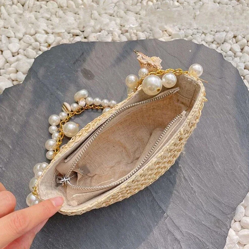 Bohemian Pearls Straw Bag Conch Starfish Women Handbags Half Moon BeachNew In Papyrus Woven Chain Beaded Trim Shoulder Bag