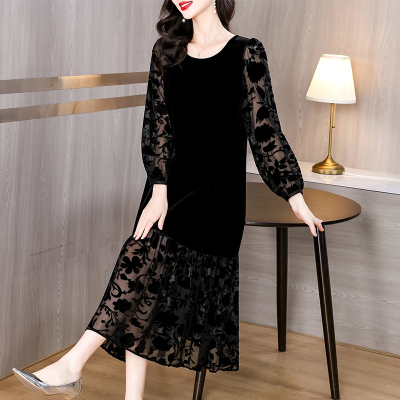 Autumn Winter Formal Occasion Black Velvet Floral Luxury Midi Dress Women Vintage Hepburn Prom 2024 Solid Elegant Casual Dresses