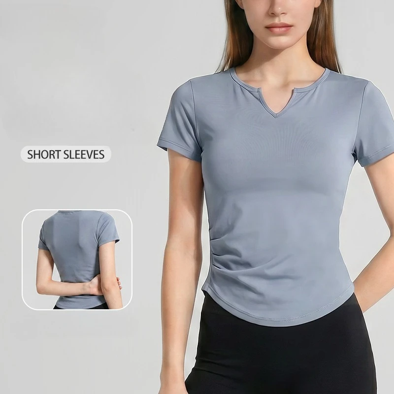 Damen Taillenformende Yoga-Kleidung Mädchen V-Ausschnitt Slim Fit Fitness Schnelltrocknende Sportbekleidung Lauf-T-Shirt Schwarz Kurzärmelig