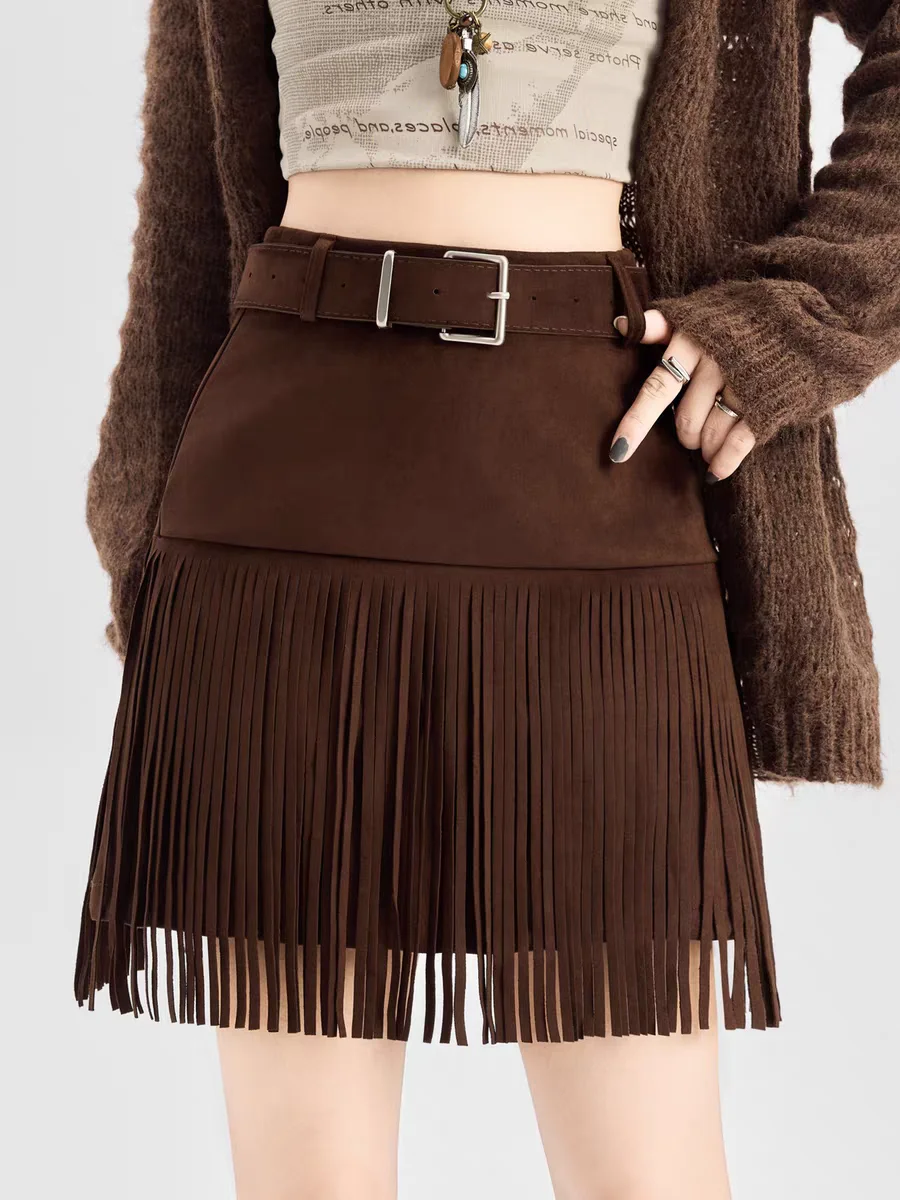 

Женские замшевые юбки с бахромой 2025 года, облегающая мини-юбка в стиле ретро с высокой талией на осень-зиму, утягивающая короткая юбка трапециевидной формы