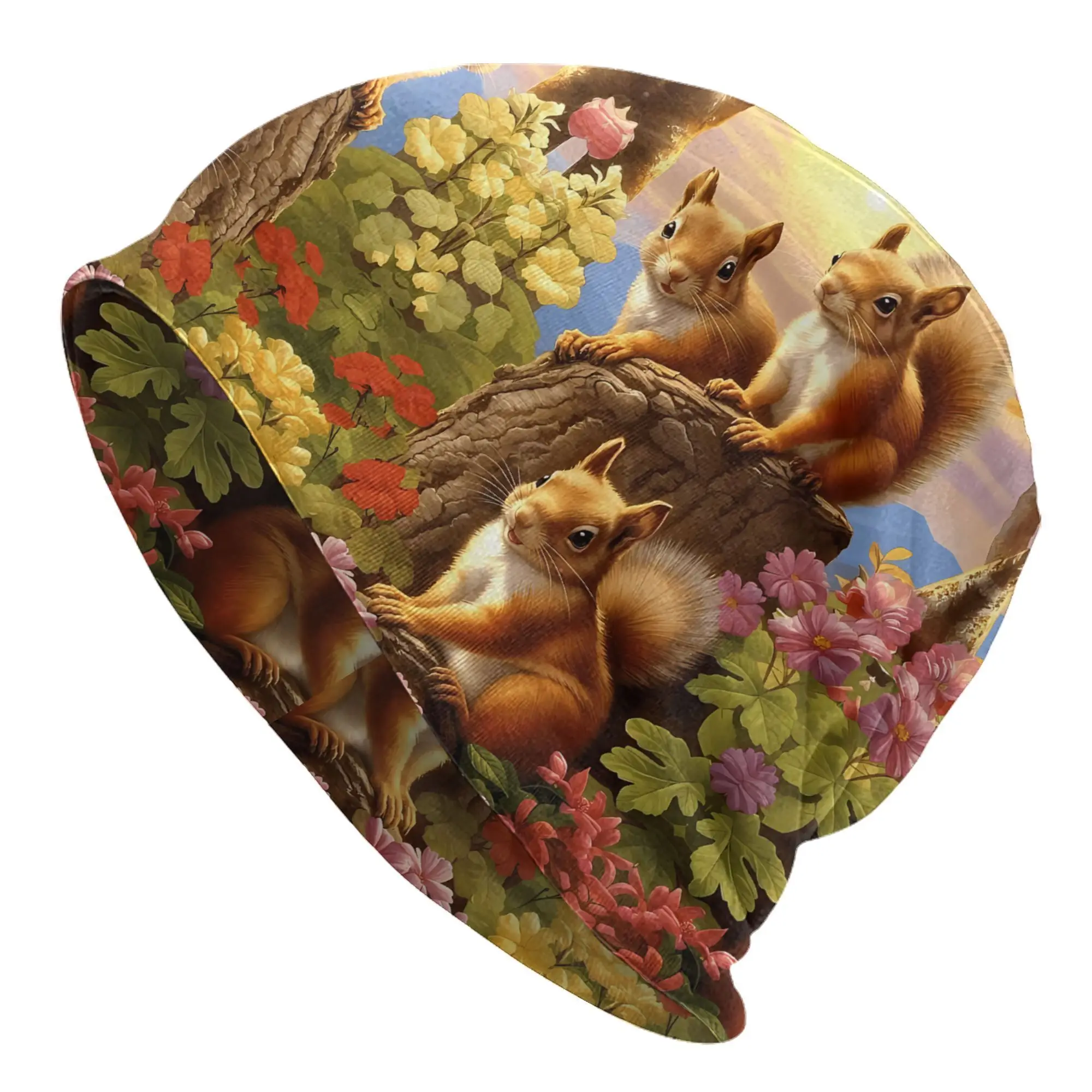 

Men's Squirrel Autumn Leaves Floral Beanie Hat Whimsical Nature Design with Red Squirrels, Colorful Green Foliage Soft Warm