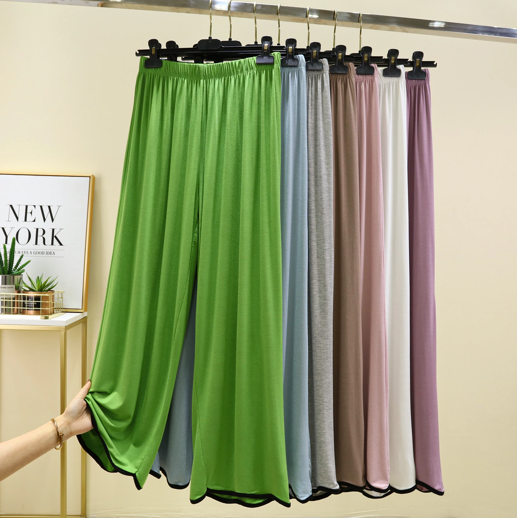 하이웨이스트 와이드 레그 팬츠 여성용 모달 잠옷 얇은 봄 여름 루즈 캐주얼 스트레이트 컷 홈 롱 팬츠 웨이브 엣지