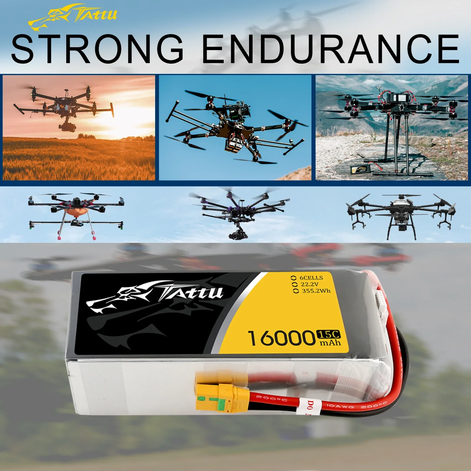 TATTU 22.2V 25C 6S 22000mAh 16000mah High Voltage LiPO Battery for Big Load Multirotor Hexacopter for agricultural UAV drone