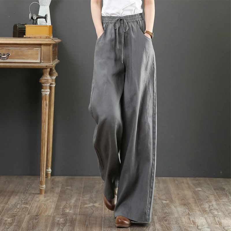 

Women Summer Literary Casual Loose Wide Leg Pants High Waist Pants Cotton Linen Baggy Straight Pants Long Pantalon Trousers