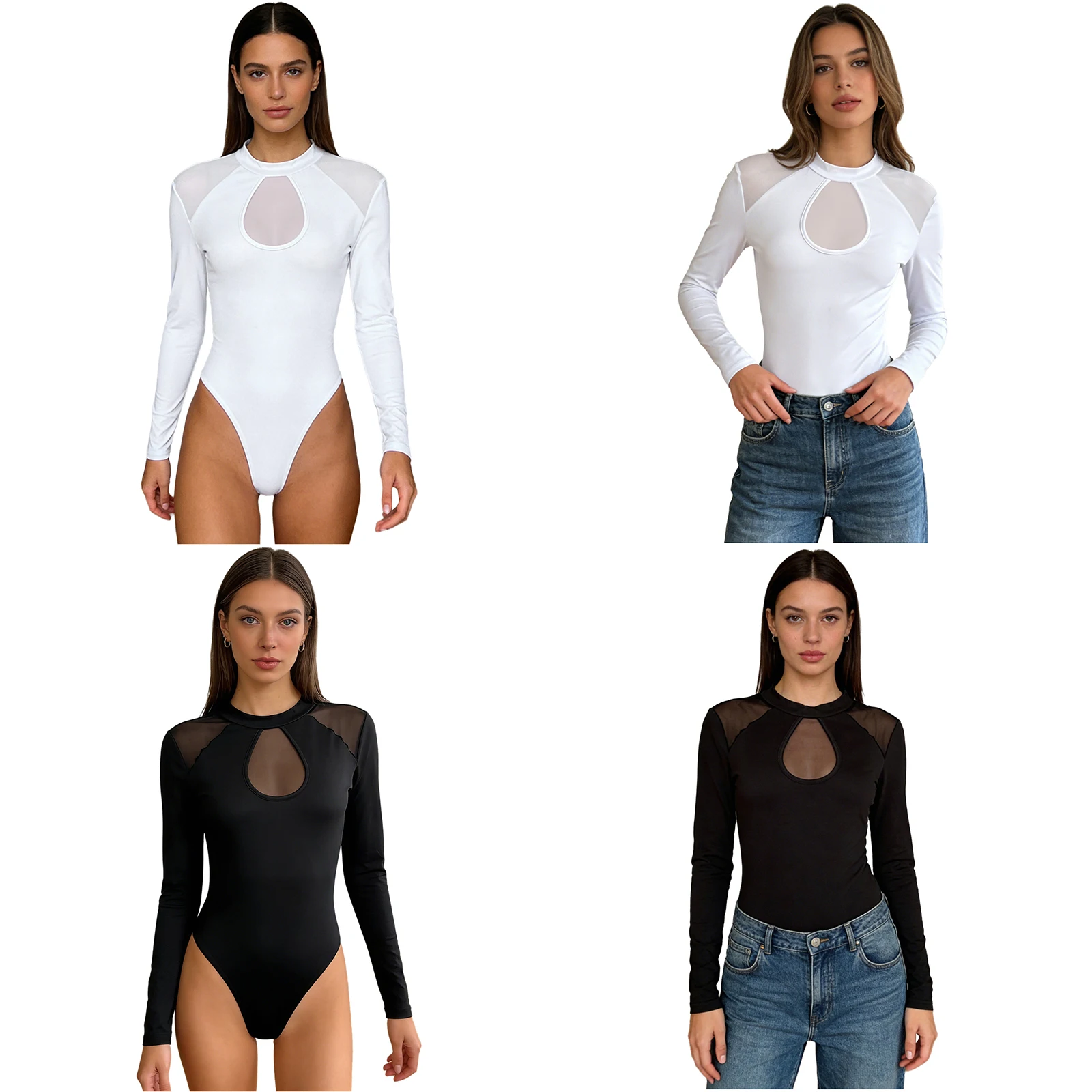 Fashion Women Sheer Mesh Patchwork Bodysuits Rave Pole Dance Clubwear Party Shirt Long Sleeve Buttoned Crotch Leotards Jumpsuit