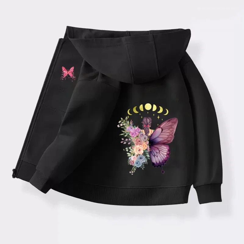 Kinder-Modeschichtmantel mit Schmetterlings- und Blumenmuster, langärmeliges Kapuzenoberteil für Mädchen, Herbst-Baumwoll-Sweatshirt, Größe 5-14T – Detail 10
