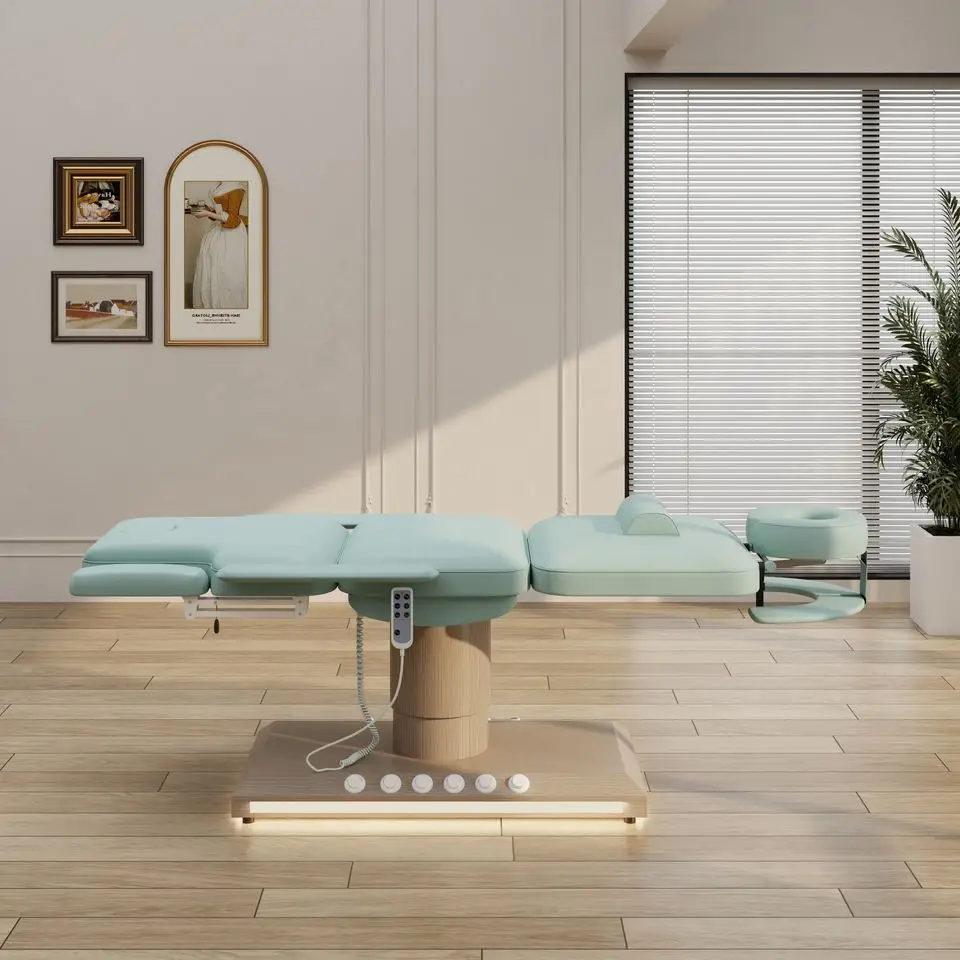 Three-Motor Electric Massage Bed With Wood Grain Finish And Foot Control For Professional Salon Facial Therapy