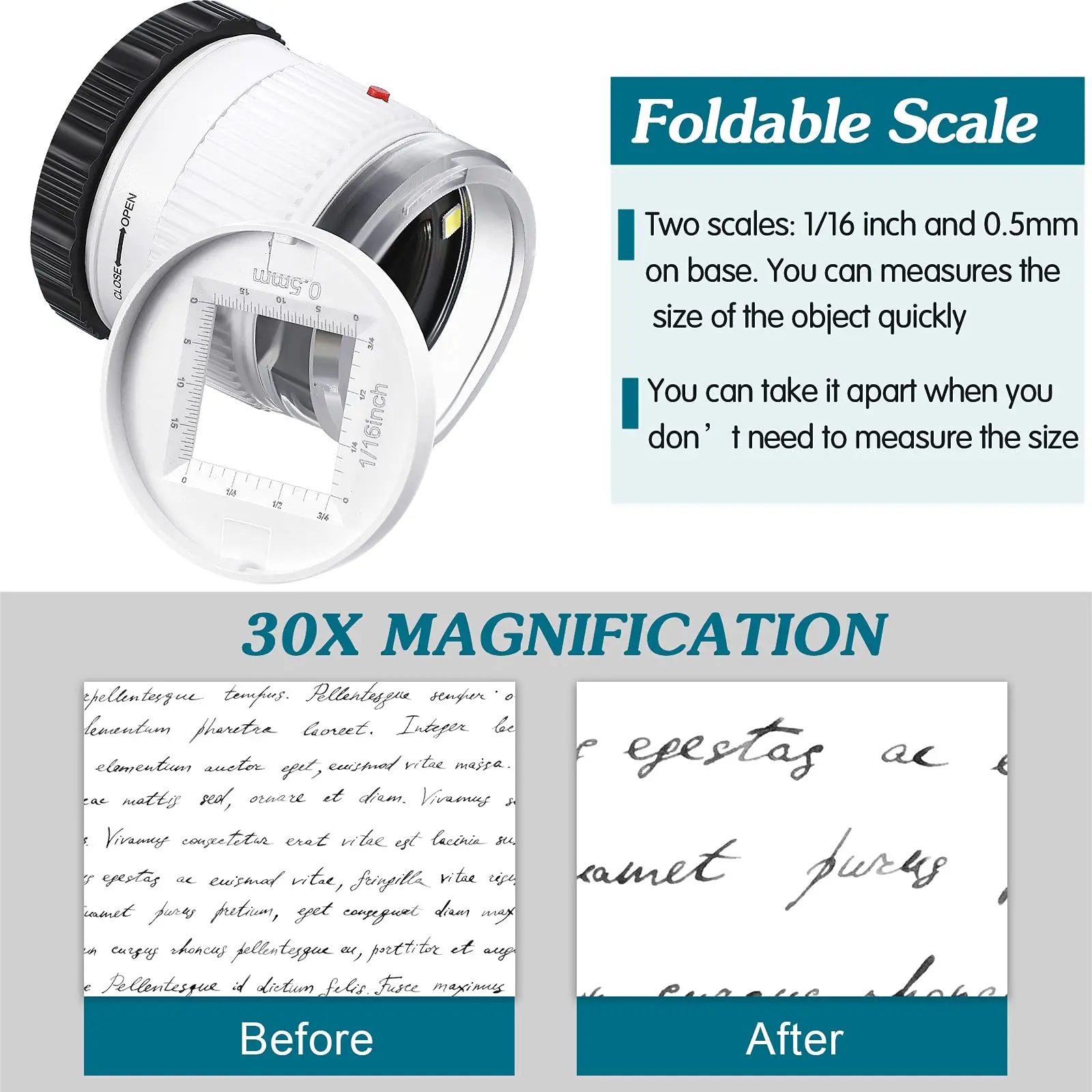 Imagem -05 - Lupa de Mão Cilíndrica com Escala Luz Led uv Lupa Iluminada Focal hd Lupa Ajustável Jóias Lupa 30x