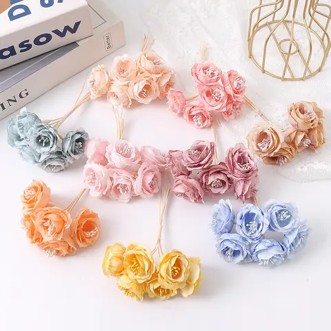 6Pcs 9Cm 인공 꽃 실크 미니 카네이션 웨딩 수공예품 화환 액세서리 크리스마스 Diy 홈 장식 스크랩북
