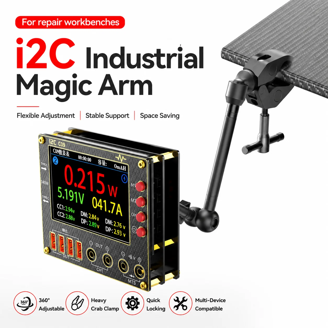 I2C 360 Rotatable Magic Arm Mount Holder with Strong Crab Clamp for I2C C08 C09 C10 Ammeter Mobile Repair Work Station