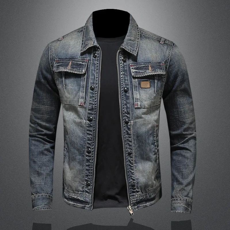 2023Fashion everything trend handsome personality zipper motorcycle denim jacket coat men's lapel denim clothing trend retro