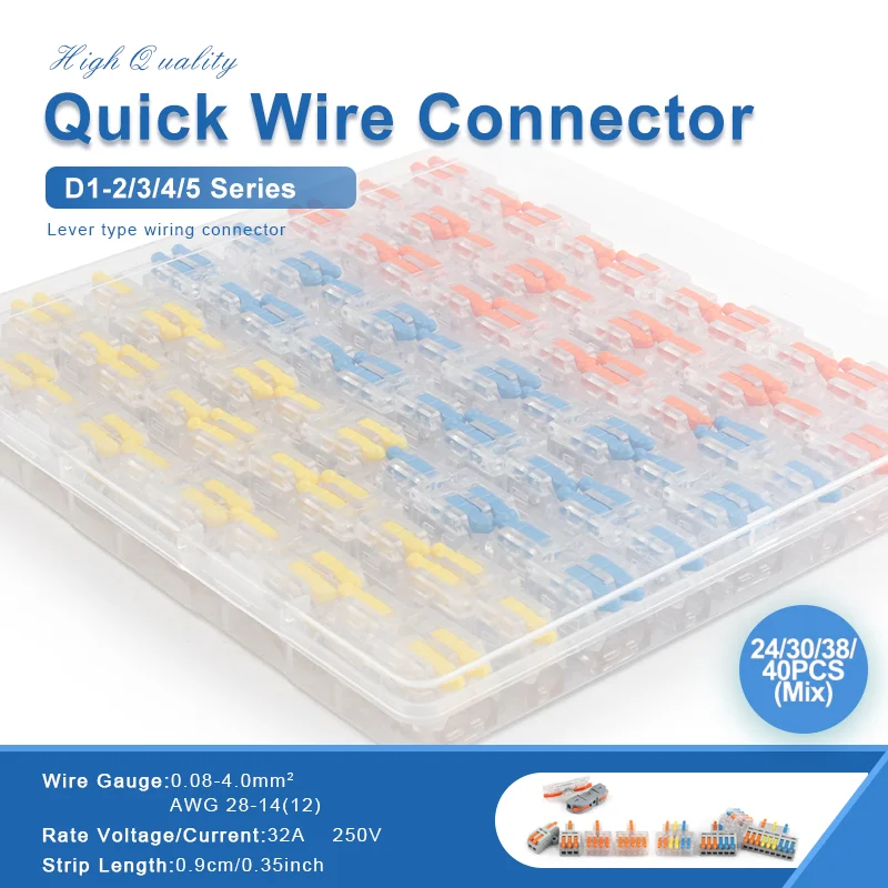 D1-2/3/4/5 Series Lever Electrical Wire Gray Transparent Connector Box 40/38/30/24 Pcs per Set Of Quick Connect Terminals