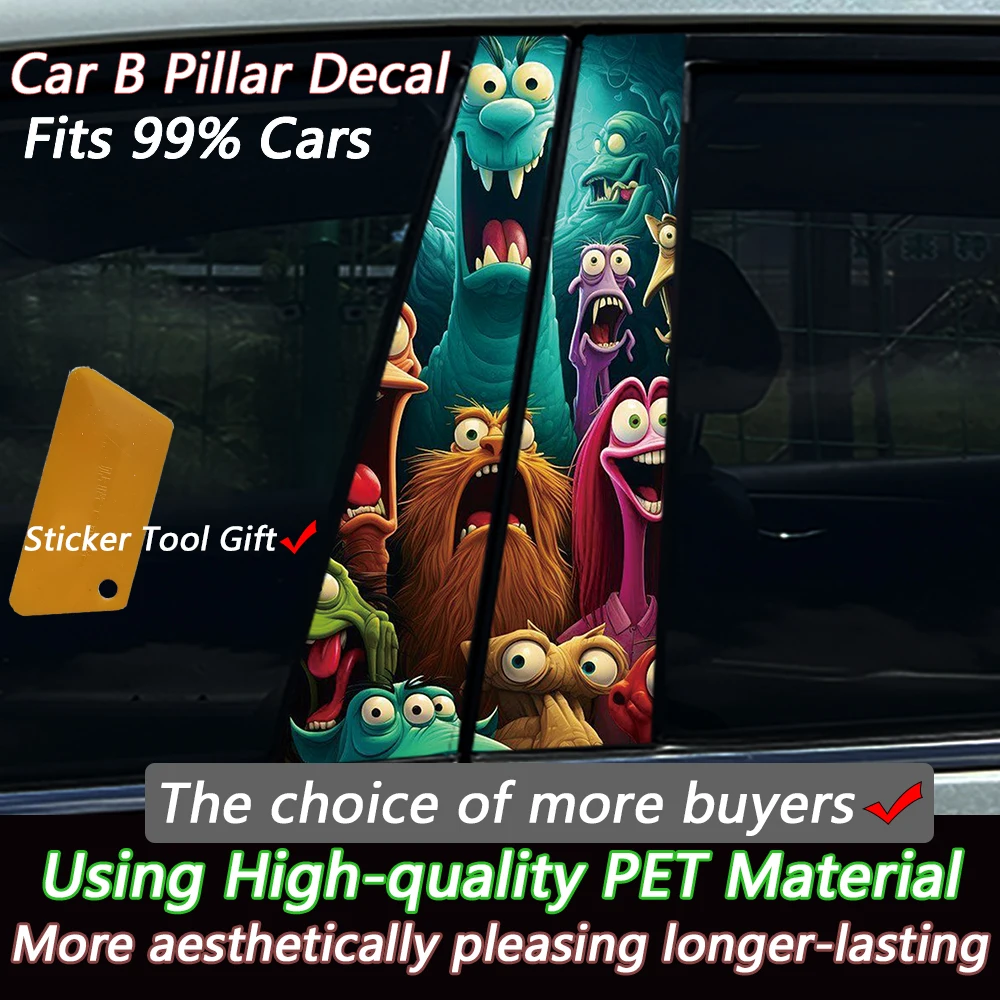 2PCS Cool Cartoon Monster Car B Pillar Stickers Waterproof Vinyl Auto Window Pillar Decal Personalized Car Exterior Accessory