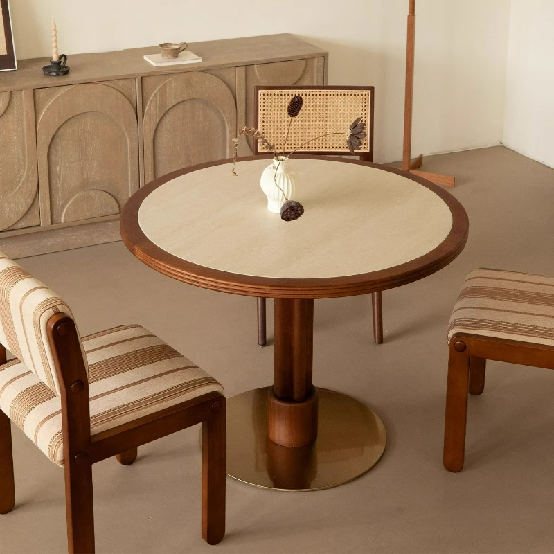 

Round table medieval travertine rock slab solid wood dining table household small apartment designer round dining table