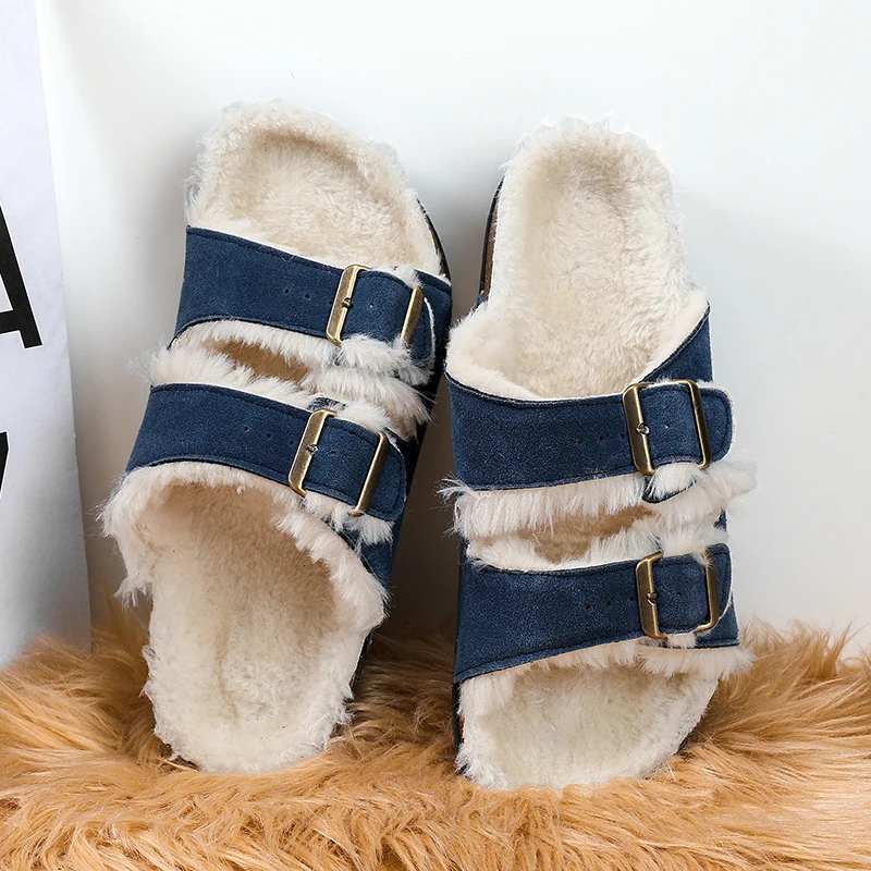 

Men Women Plush Fur Slippers with Double Buckle Cork Sandals Winter Supper Warm Home Shoes Barefoot Comfort Footbed Sales